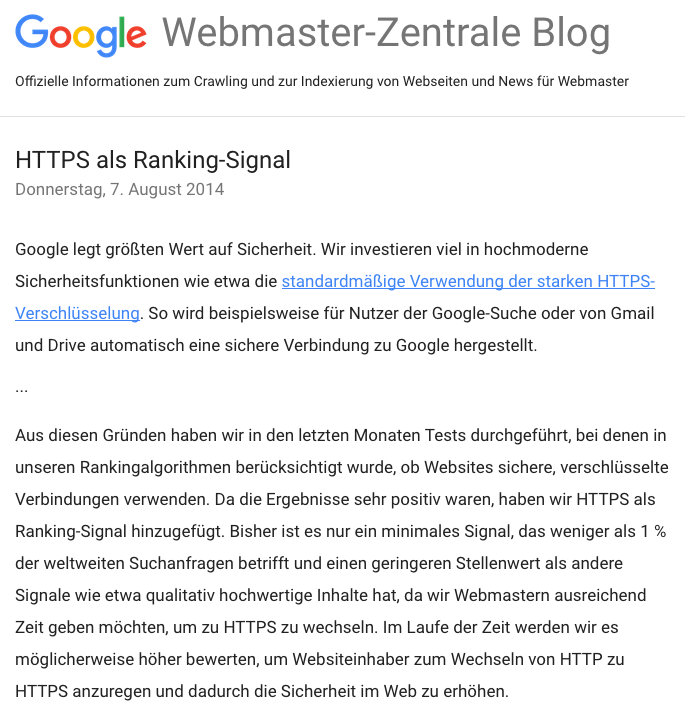 HTTPS als Ranking Signal (Google Webmaster Zentrale Blog)